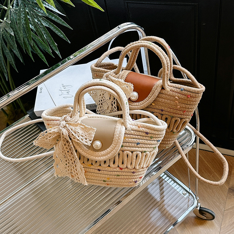 Handcrafted cotton rope crossbody bag 2024 new style French colorful dot woven bag, fashionable pearl handbag for women full figure