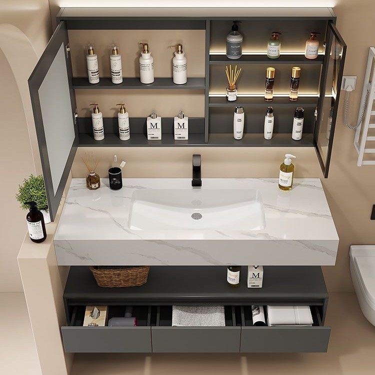Nordic rock plate seamless ceramic washbasin, washbasin combination, bathroom integrated double-layer washbasin, bathroom cabinet Application Scenario