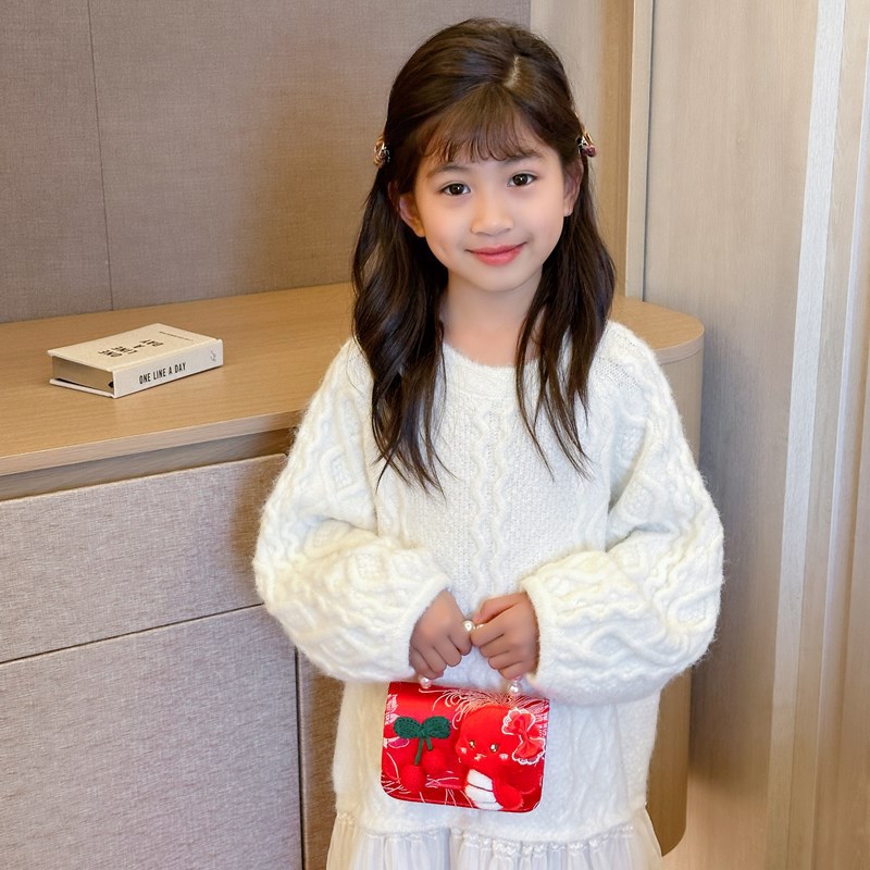 2025 Red Festive Children's New Year Greeting Bag, Stylish Pearl Girls' handbag, embroidered thread bow, children's crossbody bag details Picture