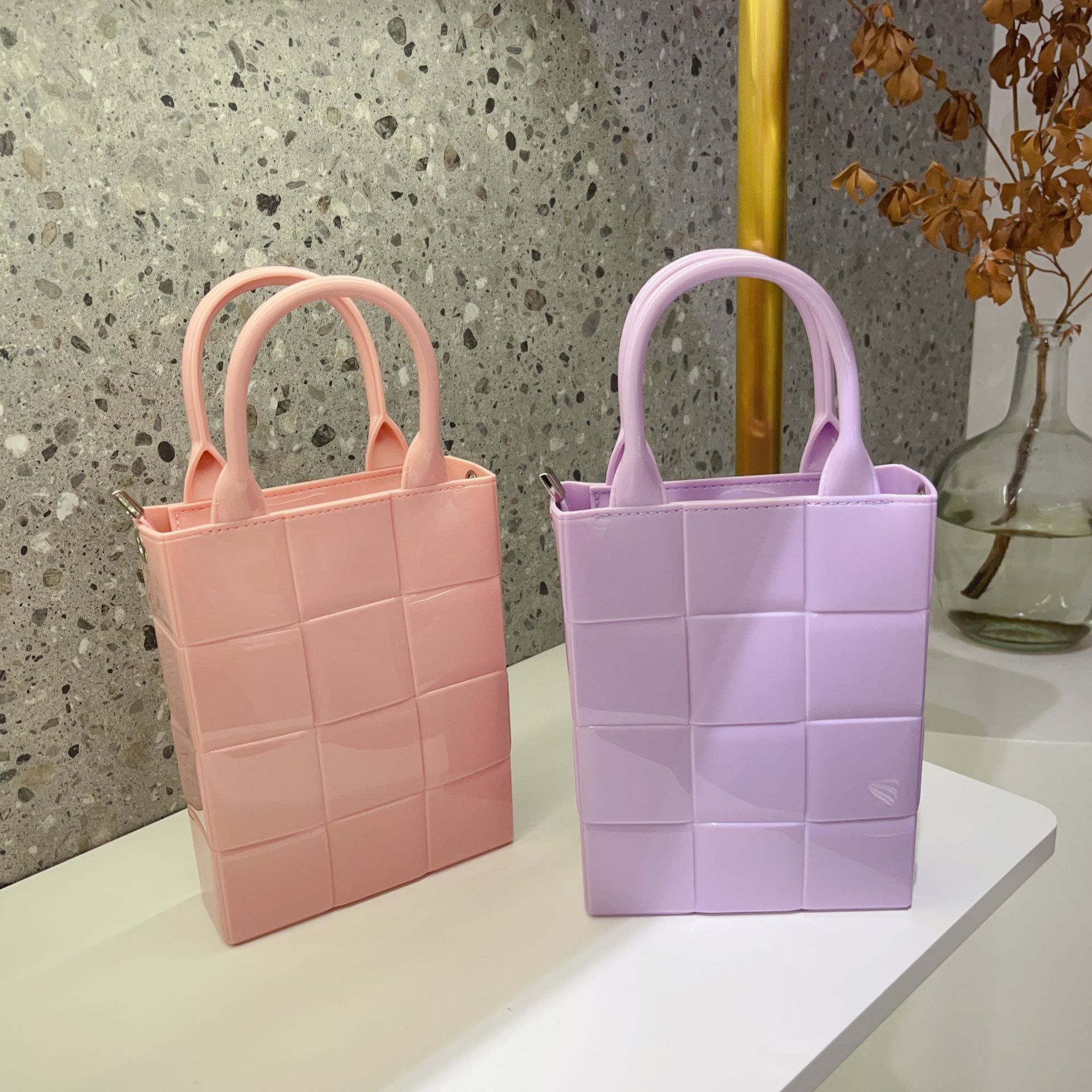 2025 Summer new PVC jelly bag, vertical checkered hand-held women's bag, large capacity, simple candy-colored shopping bag Application Scenario