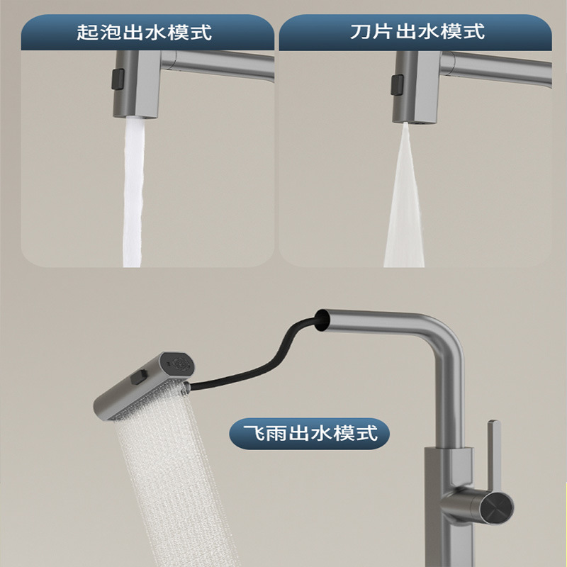 Cross-border Feiyu kitchen faucet trough, pull-out cold and hot splash-proof sink, universal rotating stainless steel Application Scenario