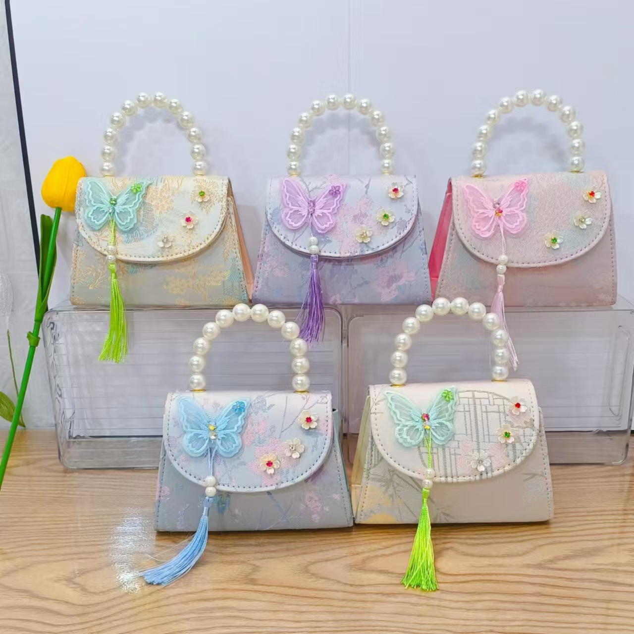 Chinese-style bow princess bag, pearl tassel hand-held shoulder bag, Children's Day gift for girls, Hanfu accessory bag Specification drawing