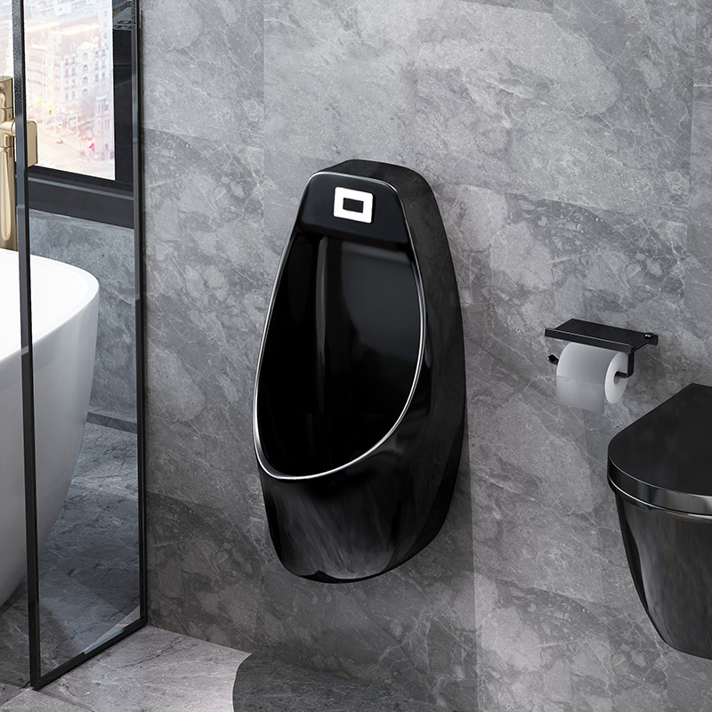 Automatic sensor black ceramic urinal, floor-standing wall-mounted household urinal, men's urinal full figure