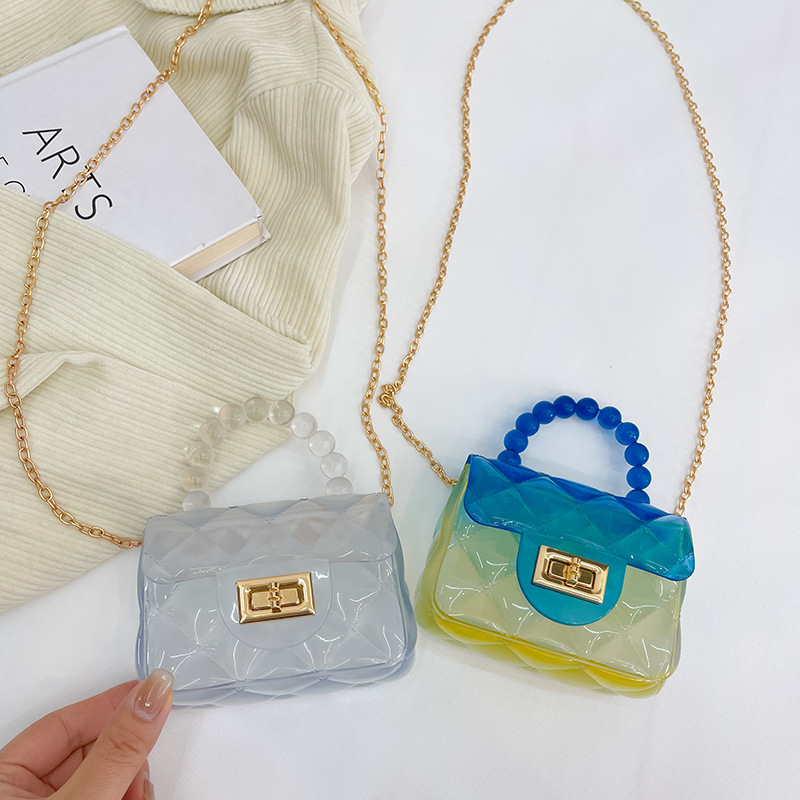 Jelly Bag 2025 New Style transparent small square bag, fashionable crossbody red envelope mini bag, children's bag, pearl chain bag details Picture
