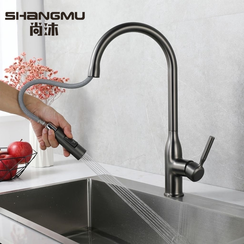 Guangdong gun gray pull-out kitchen cold and hot splash-proof faucet, all-copper kitchen sink telescopic faucet full figure