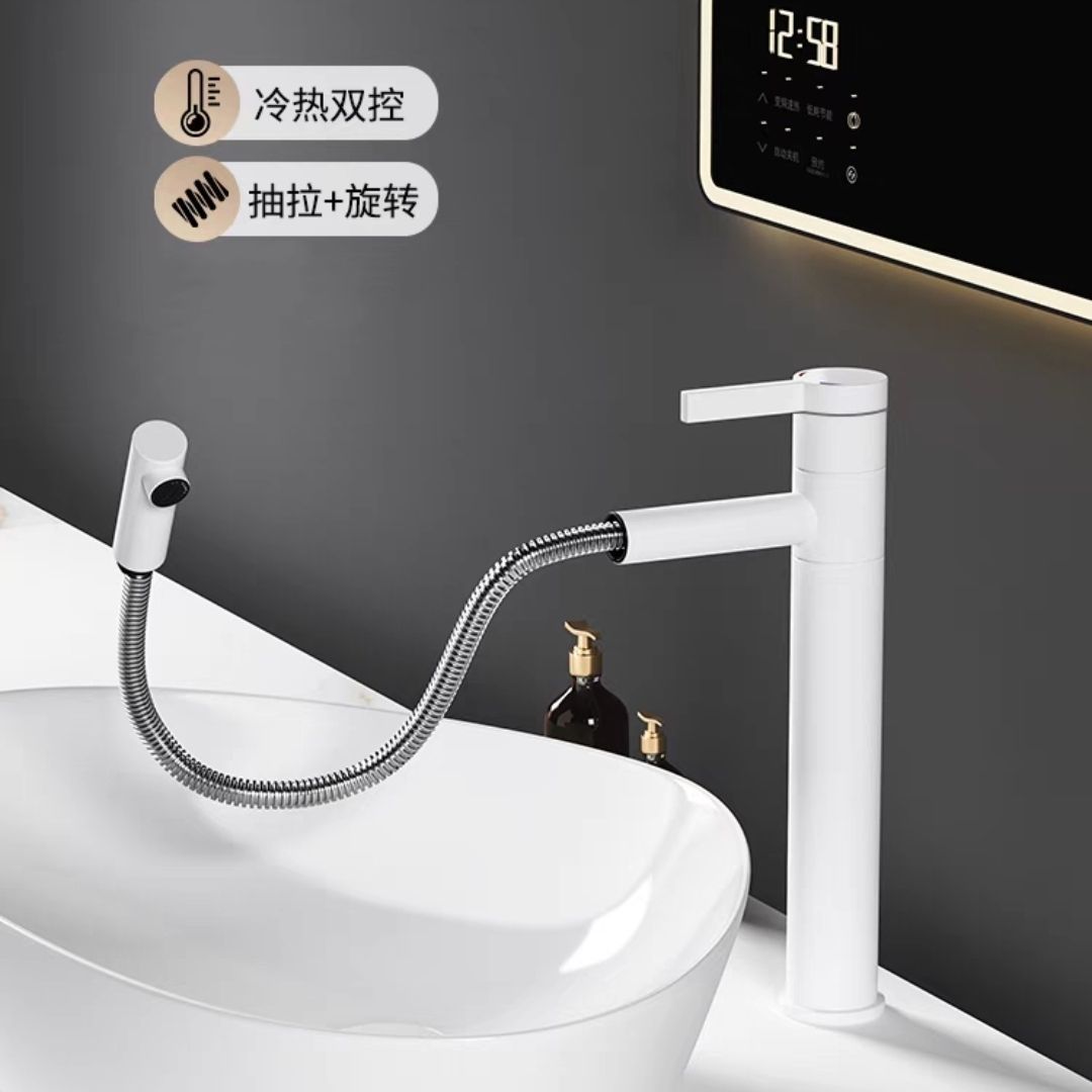 All-copper pull-out hot and cold water faucet, bathroom, countertop basin, washbasin, balcony with raised white faucet details Picture
