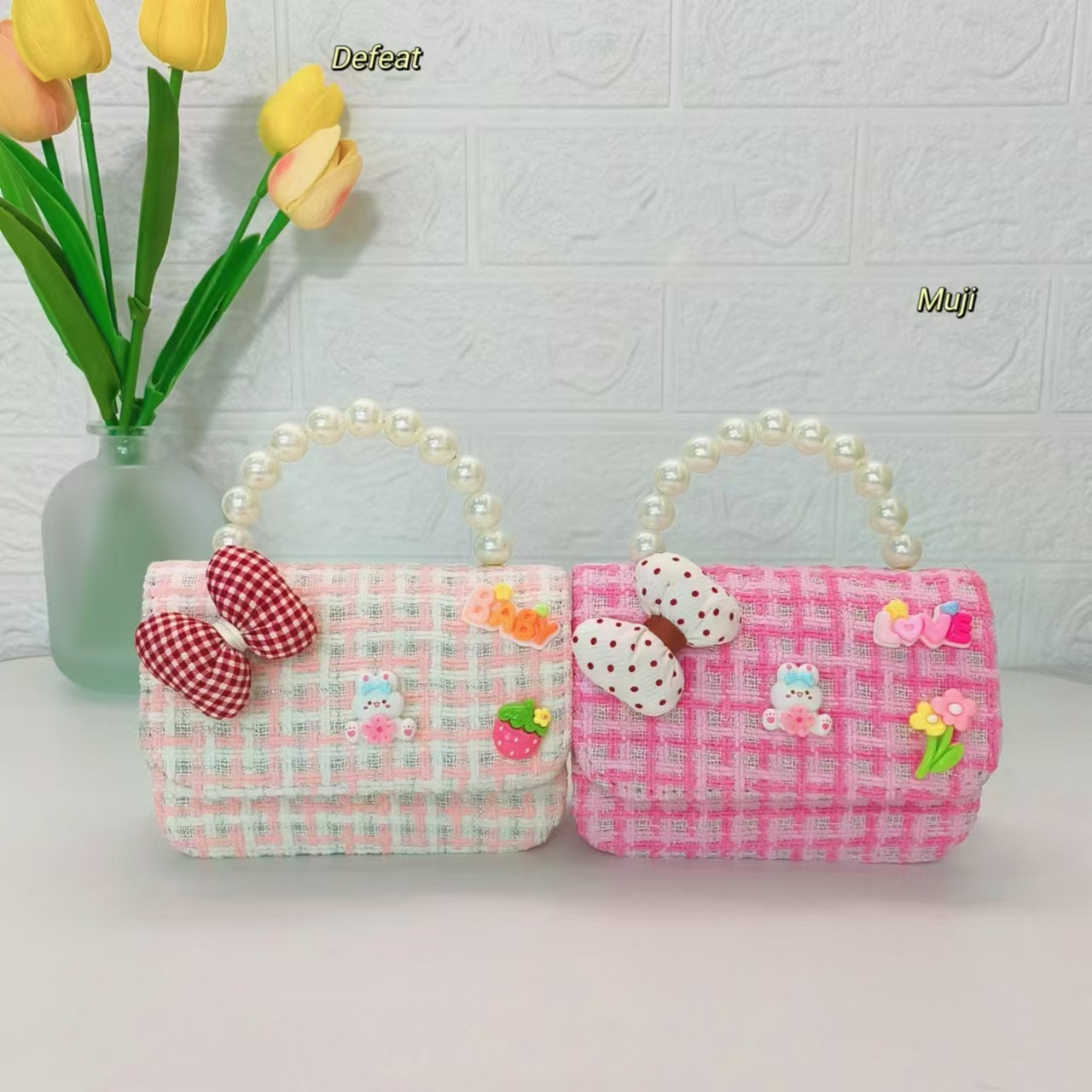 Bow rabbit pearl handbag, children's bag, little girl's loose change accessory bag, chain bag, bow small square bag details Picture