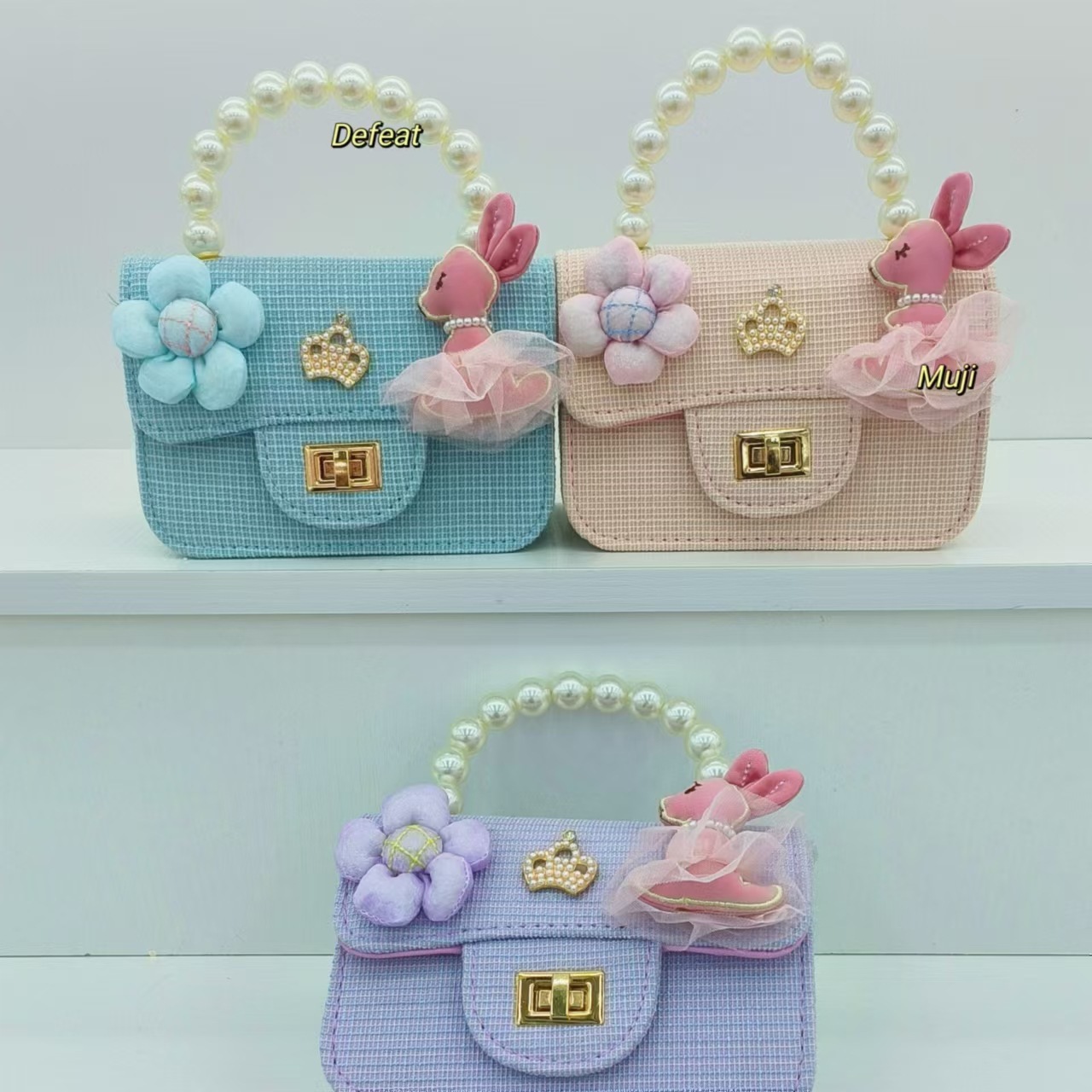 Pearl handbag, cartoon rabbit princess bag, single-shoulder bag, little girl crossbody bag, small square bag, coin purse, accessory bag details Picture