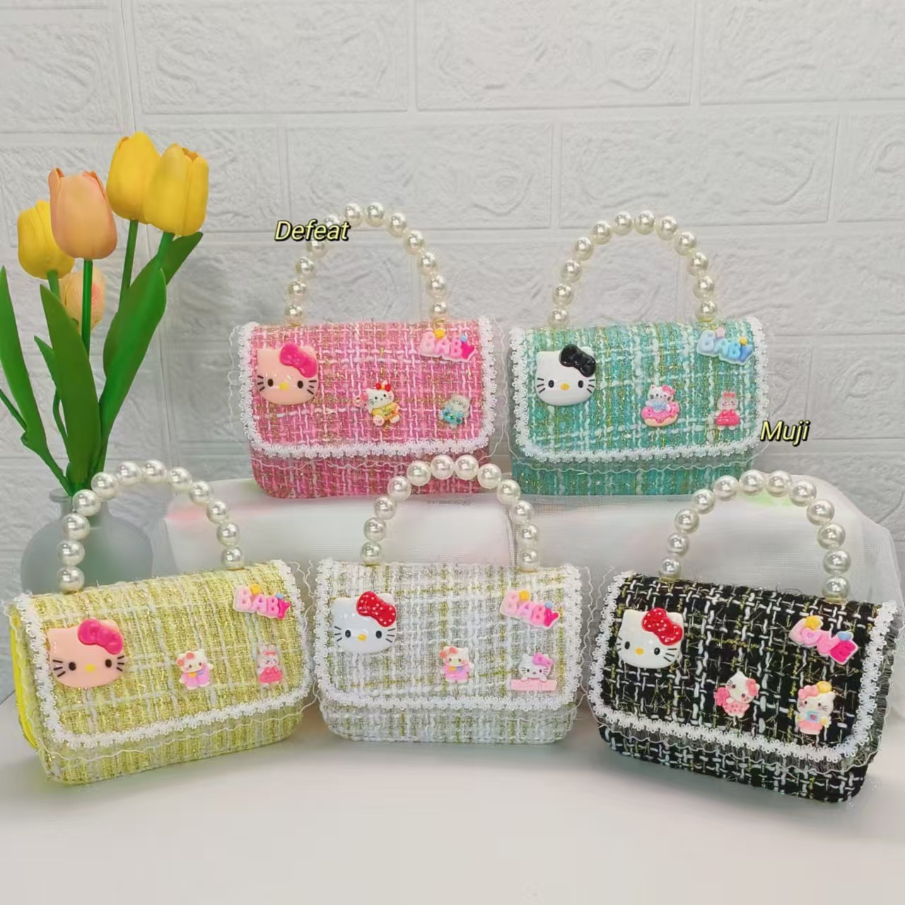 Pearl handbag, KT cat children's bag, Chanel-style chain bag, girl accessory bag, small square bag, single-shoulder crossbody bag full figure
