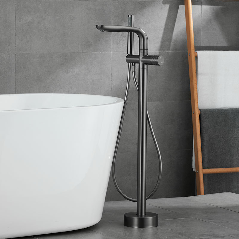 All-copper gun, grey floor-standing bathtub, faucet, independent hot and cold column basin, wooden bucket, shower head, light luxury details Picture