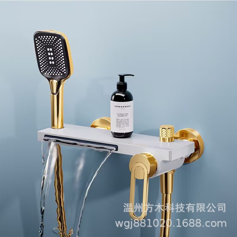 Gun gray brushed gold, silver, black, white and copper, large flow flat waterfall water outlet, cold and hot shower head, lift bathtub faucet details Picture