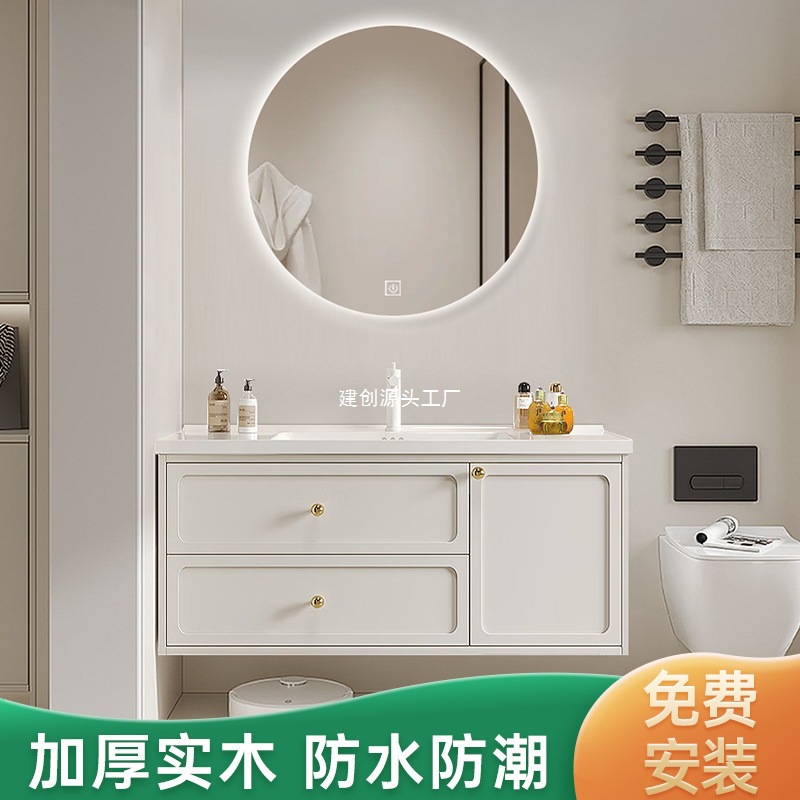 Cream-style bathroom cabinet, integrated basin, ceramic washbasin, bathroom washbasin cabinet, combination washbasin and washbasin details Picture
