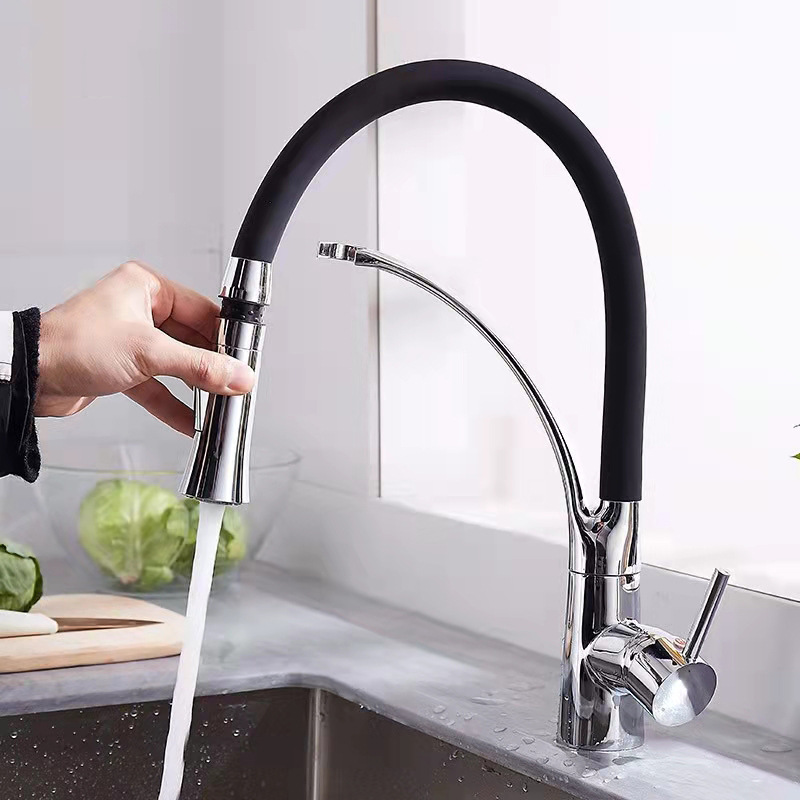 Cross-border all-copper kitchen faucet, cold and hot European and American sink, dishwashing sink, dual-mode water outlet pull-out faucet details Picture