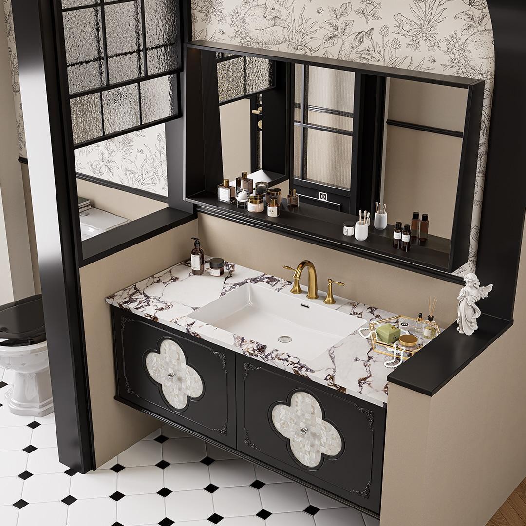 French retro-style bathroom cabinet, ceramic lacquered porcelain one-piece basin combination, shell decorative oak panel four-leaf clover bathroom cabinet Application Scenario