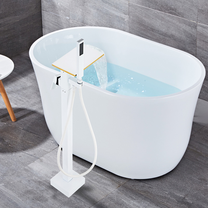 Square black and white gold edge floor-standing waterfall, rotating floor-standing bathtub, faucet, shower head, single handle, upright Application Scenario