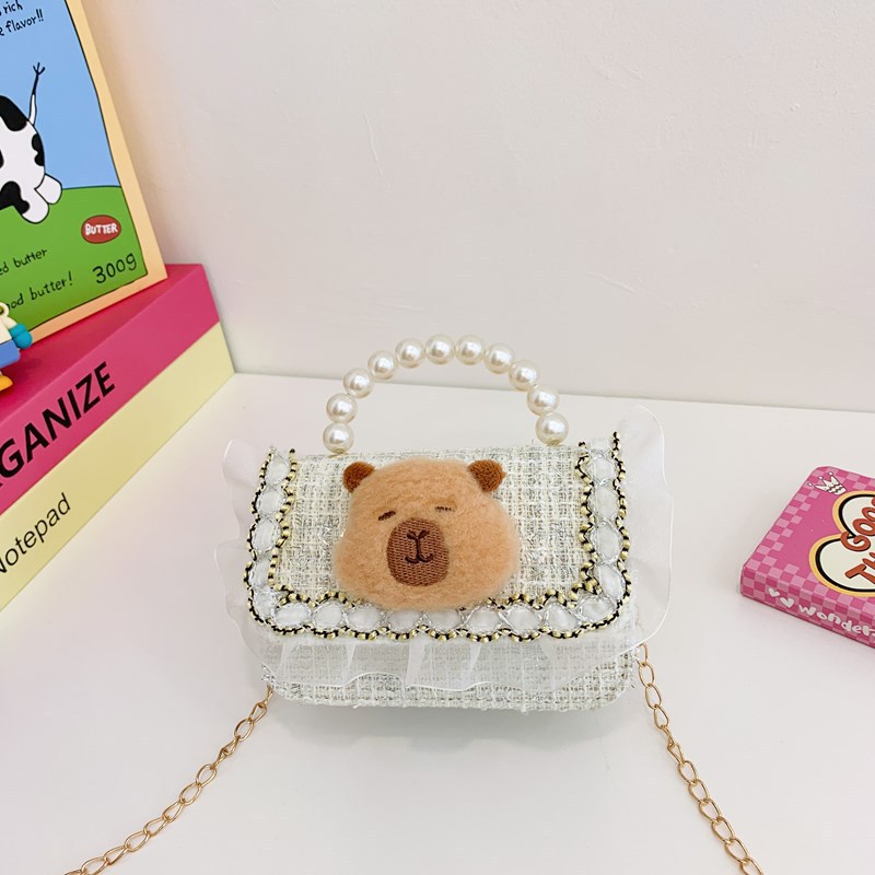 New stylish children's bags: cartoon loose change shoulder bag, tweed little chanel-style crossbody bag, princess pearl handbag details Picture