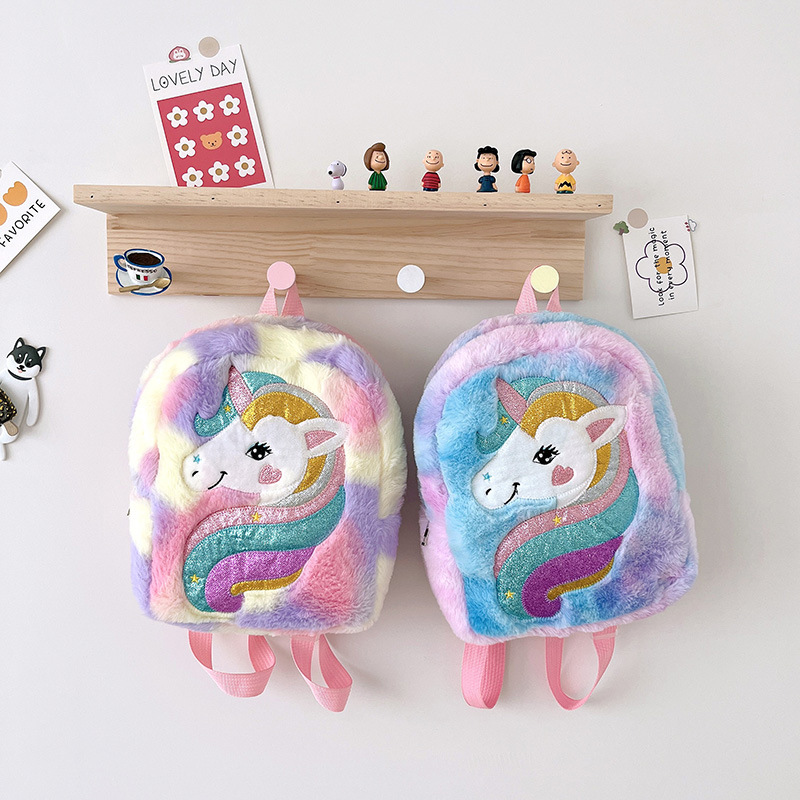 New embroidered unicorn cartoon plush backpack, large-capacity girls' backpack, cute schoolbag for kindergarten Specification drawing