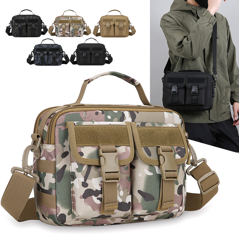 Single-shoulder bag, outdoor tactical multi-functional USB charging crossbody bag, military camouflage backpack, travel outdoor cycling bag Specification drawing