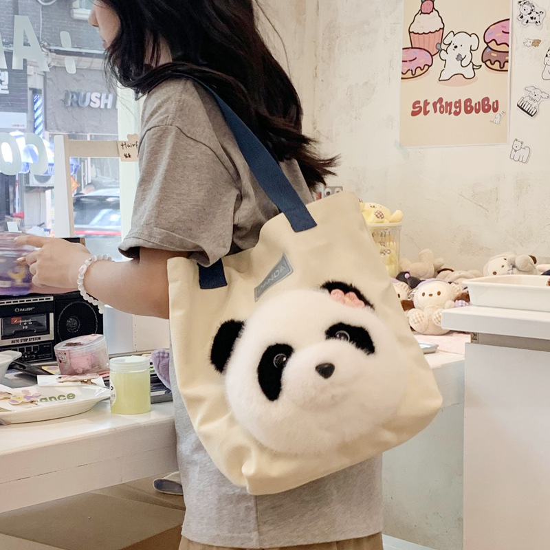 Panda Bag 2024 New Style fashionable canvas bag, single-shoulder bag, large-capacity tote bag, school commuting crossbody bag full figure