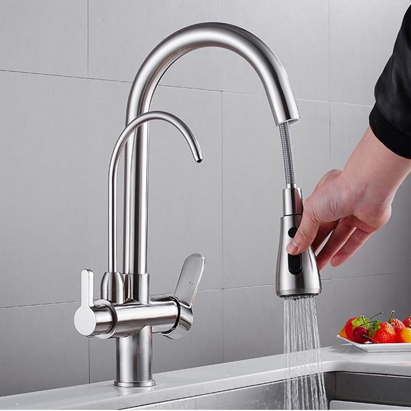 Brass kitchen pull-out faucet, pure water three-in-one sink, dishwashing basin, vegetable washing basin, laundry sink, cold and hot water faucet full figure