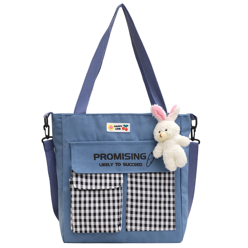 The new Korean-style cute nylon bag for class tutoring is a versatile checkered single-shoulder bag that is selling well (with a bear) Item Picture