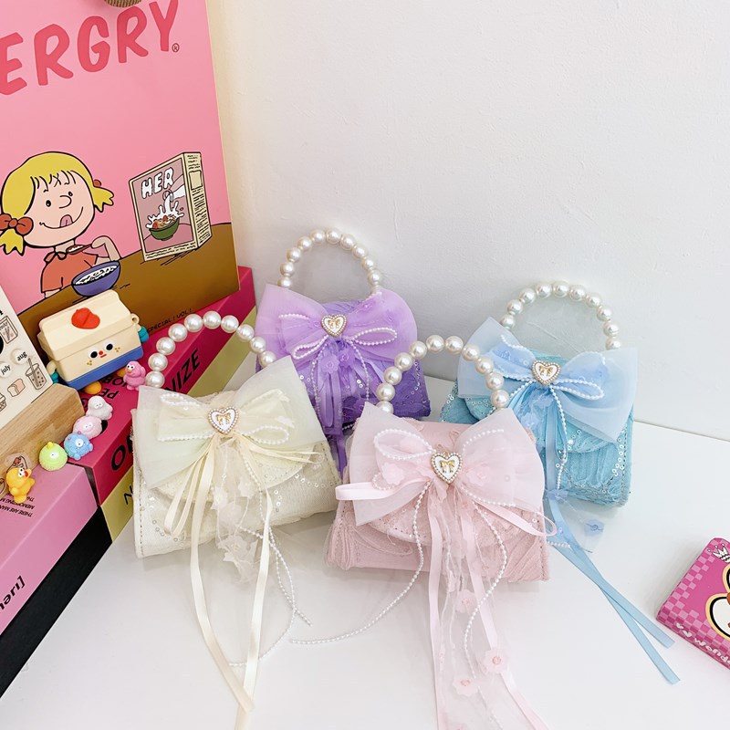 New children's bag, fashionable pearl handbag, cartoon cute bow, girls' single-shoulder bag, chain crossbody small bag Specification drawing