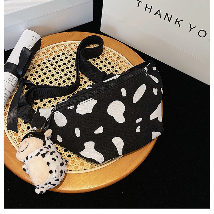 Korean Instagram canvas cow pattern crossbody bag, Japanese Harajuku style fashionable girl, cute student chest bag and waist bag girl Specification drawing