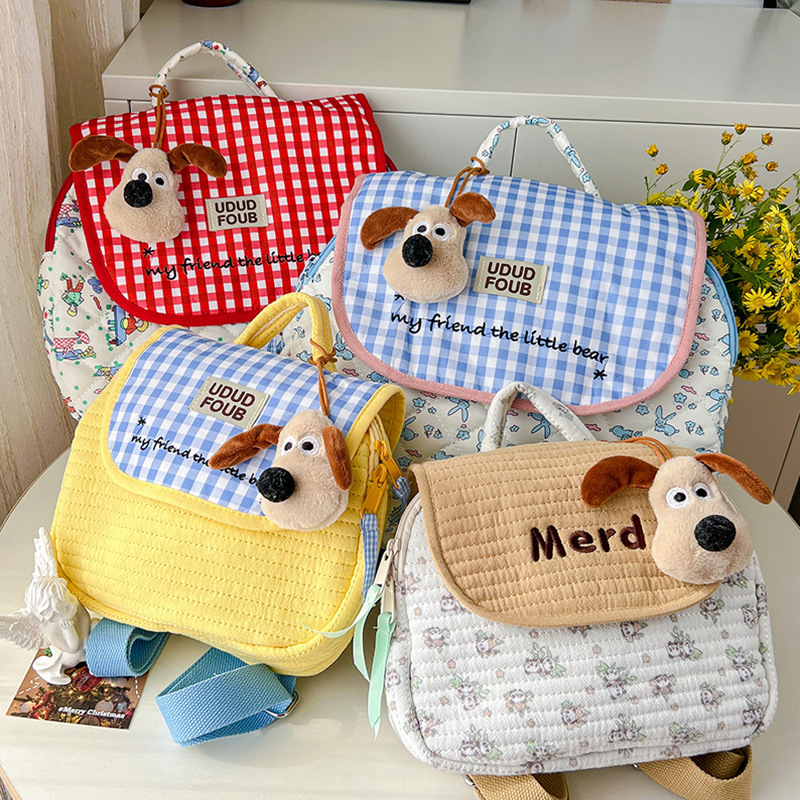 Korean-style sewn backpack for autumn and winter, new embroidered checkered girls' small backpack for going out, cotton parent-child backpack, mommy bag full figure