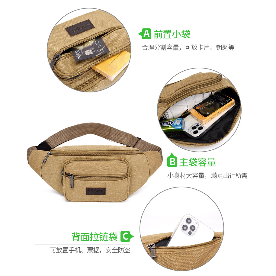 Men's multi-layered multi-functional waist bag, outdoor sports thickened canvas crossbody bag, cash register water-resistant Specification drawing