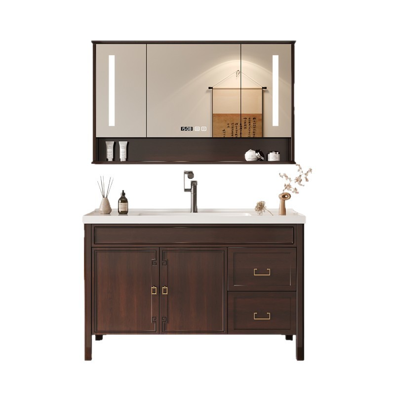 Oak simple modern smart bathroom cabinet, mirror cabinet combination, lacquered solid wood, new Chinese-style bathroom washbasin, ceramic Item Picture
