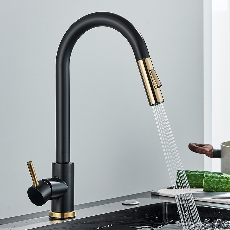 304 stainless steel kitchen pull-out faucet, gold and black brushed style sink and washbasin pull-out faucet details Picture