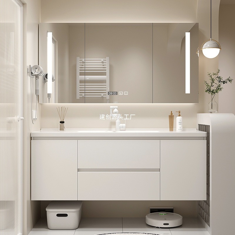 Cream-colored solid wood bathroom cabinet, ceramic washbasin, bathroom washbasin, washstand, washbasin, smart mirror cabinet Application Scenario