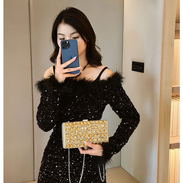 2025 New European and American cross-border square banquet and annual meeting dress with full diamonds and rhinestones, vacation-style clutch, single-shoulder women's bag Specification drawing