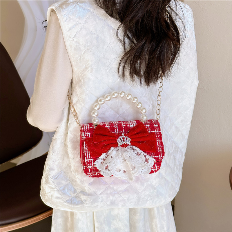 Children's crossbody bag, cute girl single-shoulder bag, stylish girl, princess, little Chanel style pearl hand-held loose change small crossbody bag Specification drawing