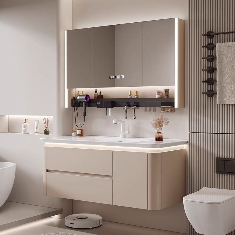 Wholesale cream ceramic side storage one-piece rounded corner bathroom, smart hand washing face bathroom cabinet, washbasin set Specification drawing