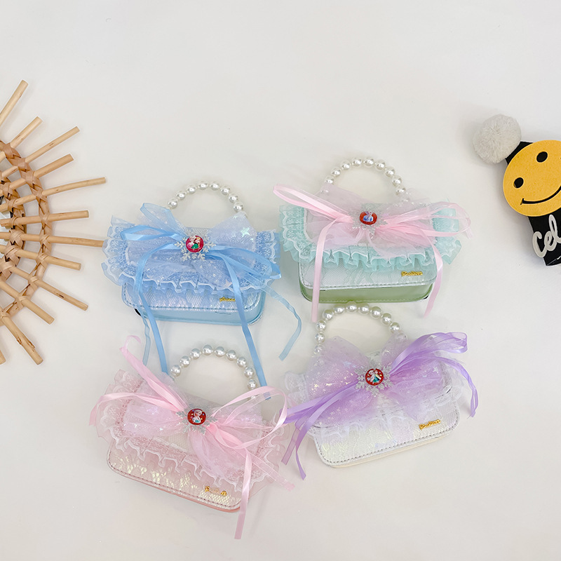 New children's bags, girls' crossbody small square bags, cute princess double-shoulder pearl handbags, lace single-shoulder bags wholesale full figure