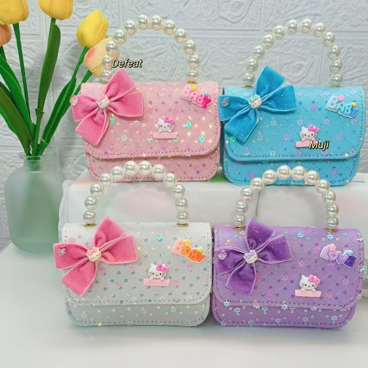 Bow cartoon bag, children's bag, pearl handbag, little girl's loose change accessory bag, chain bag, sequined small square bag full figure