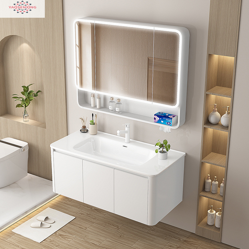 Arc-shaped honeycomb aluminum thickened space aluminum bathroom cabinet, integrated ceramic washbasin cabinet set, face washing, makeup and washbasin full figure