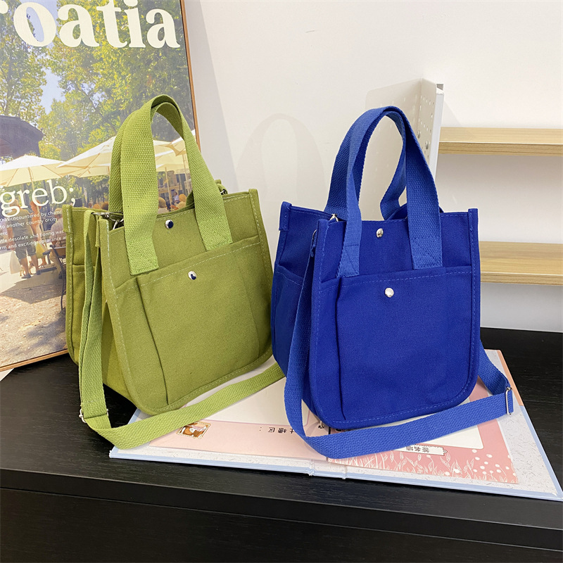 Casual Japanese-style small bag 2024 Summer new student solid color canvas crossbody bag, women's single-shoulder hand-held small square bag Specification drawing