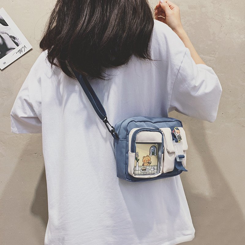 Single-shoulder bag, ins forest-style large capacity small bag, women's crossbody bag, cute student canvas, Japanese-style Harajuku small square bag details Picture