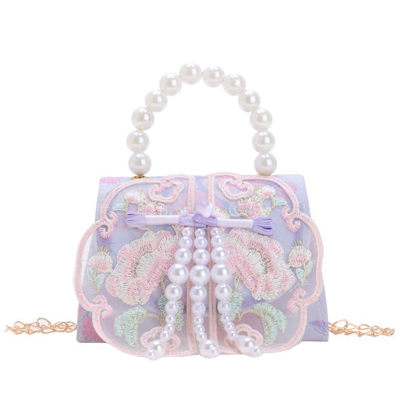 New children's ancient-style bag, fashionable embroidered princess crossbody bag, stylish girl Hanfu accessory pearl handbag Item Picture