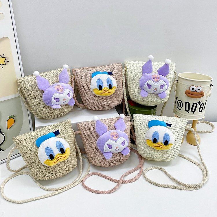 Japanese-style cute cartoon flower small bags, children's straw woven bags, mini crossbody bags, beach play zipper bags, single-shoulder bags Specification drawing