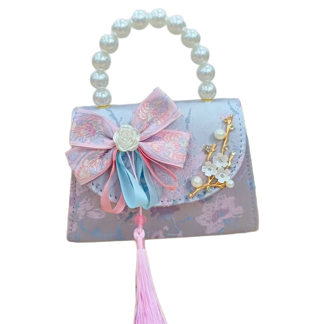 Chinese-style princess bag, chain small square bag, pearl handbag, girl crossbody Hanfu accessory bag, Children's Day gift Item Picture