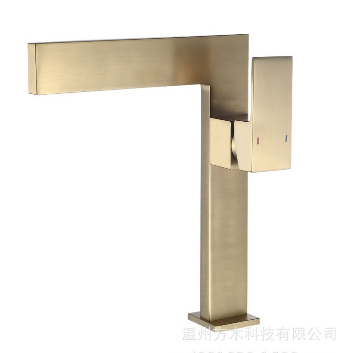 All-copper flat seven-shaped square creative bathroom, waterfall, single hole, single handle, side-opening basin, cold and hot water faucet for washing Item Picture