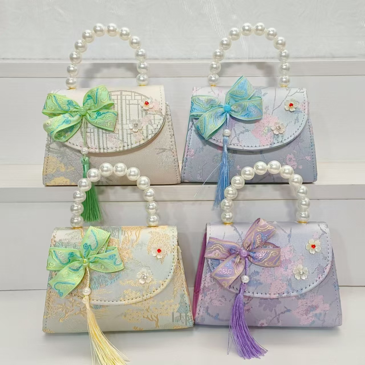 Children's bags, Chinese-style bow tassel girls' shoulder bags, little princess pearl hand-held storage coin purifiers wholesale Specification drawing