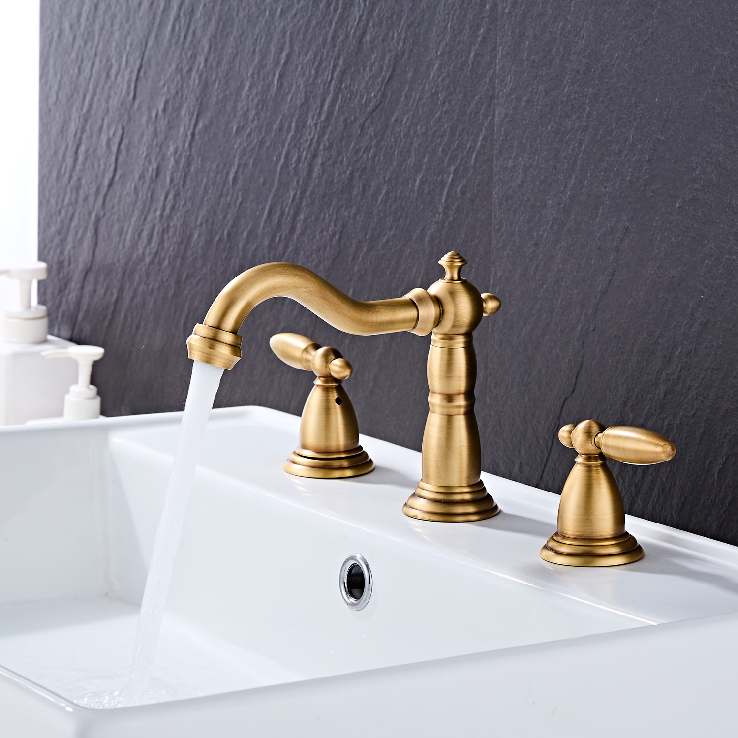 European-style brushed golden copper antique bathroom basin, hot and cold water faucet, double handle, retro faucet three-piece set full figure