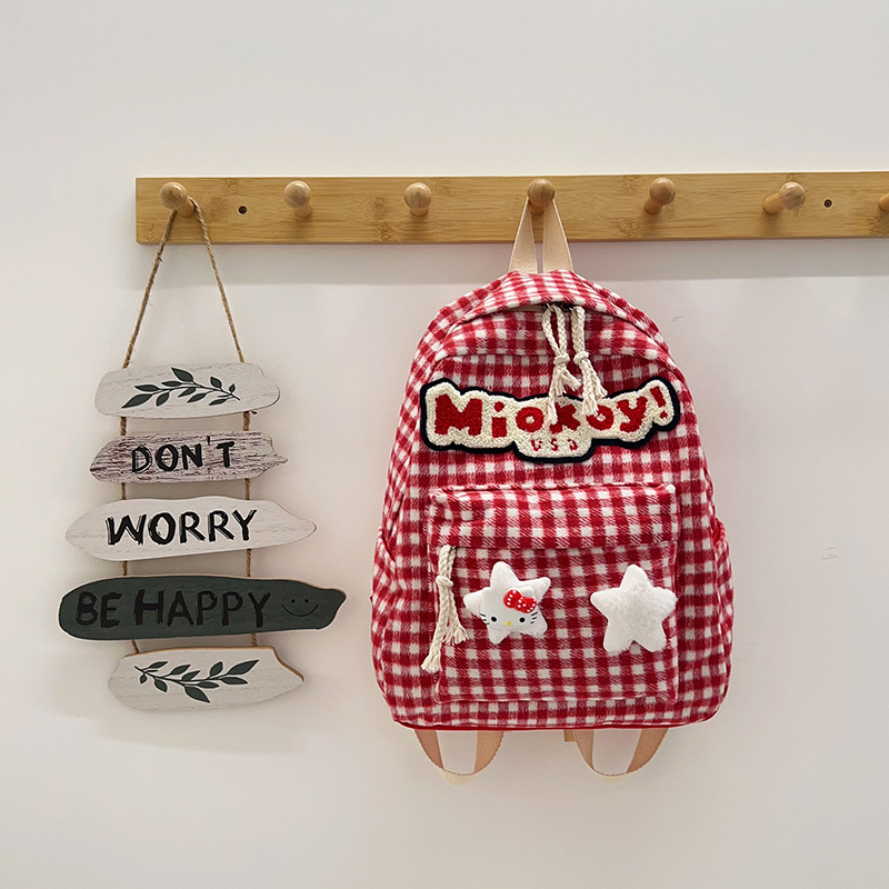 The large-capacity red woolen checkered backpack for primary and secondary school students is a unique and versatile choice. It's a trend for girls to carry backpacks during their leisure trips full figure