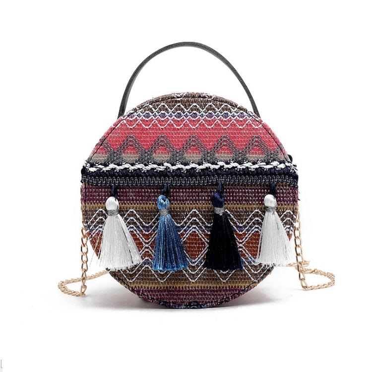 Summer Korean women's bags 2021 new style, fringed small round bags, ethnic style dance bags, single-shoulder retro bags wholesale Specification drawing