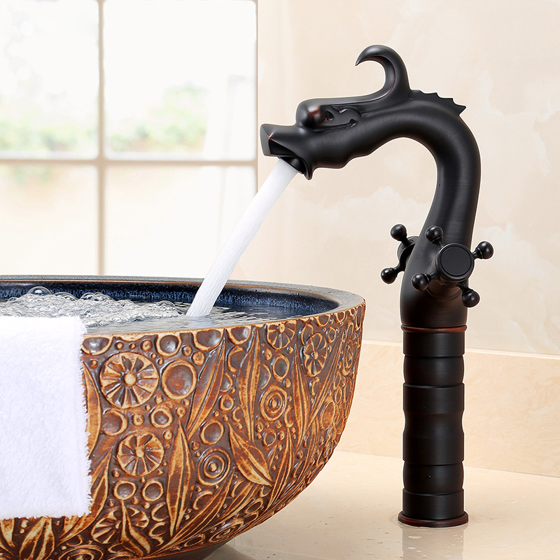 All-copper European-style antique golden faucet, dragon-shaped single-hole bathroom, retro black washbasin, washbasin faucet, hot and cold Application Scenario