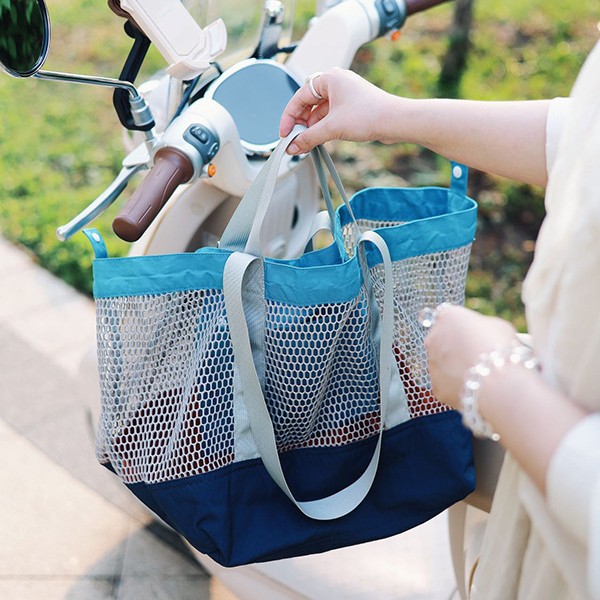 Large-capacity summer niche trendy color-blocking net bag single-shoulder bag, casual large-capacity double-sided usable storage shopping bag details Picture